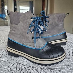 EUC Sorel Slimpack Lace Waterproof Winter Snow Boots Blue Laces Grey Size 5 Kids